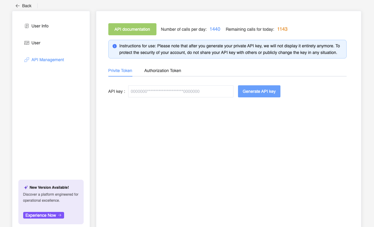 Fox ESS Cloud API Management page showing where to generate an API key